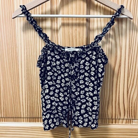 American Eagle black flowered botanical tie front crop sleeveless tank top XXS - Picture 1 of 6